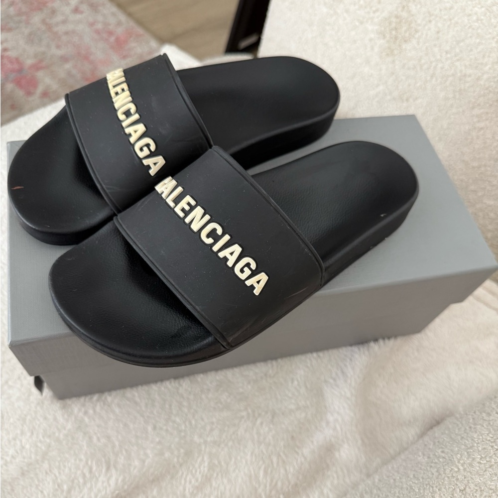 Balenciaga Black Slides with White Logo